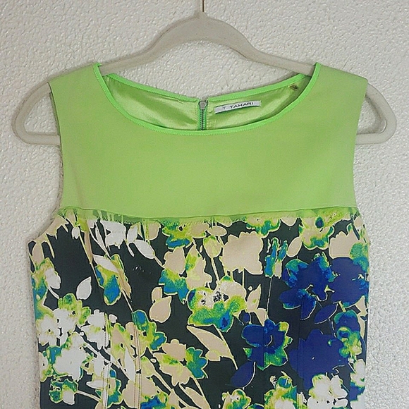 Tahari Sleeveless Sheath Floral Dress Multicolor Neon Green Blue Black Cotton 6 - Picture 3 of 16